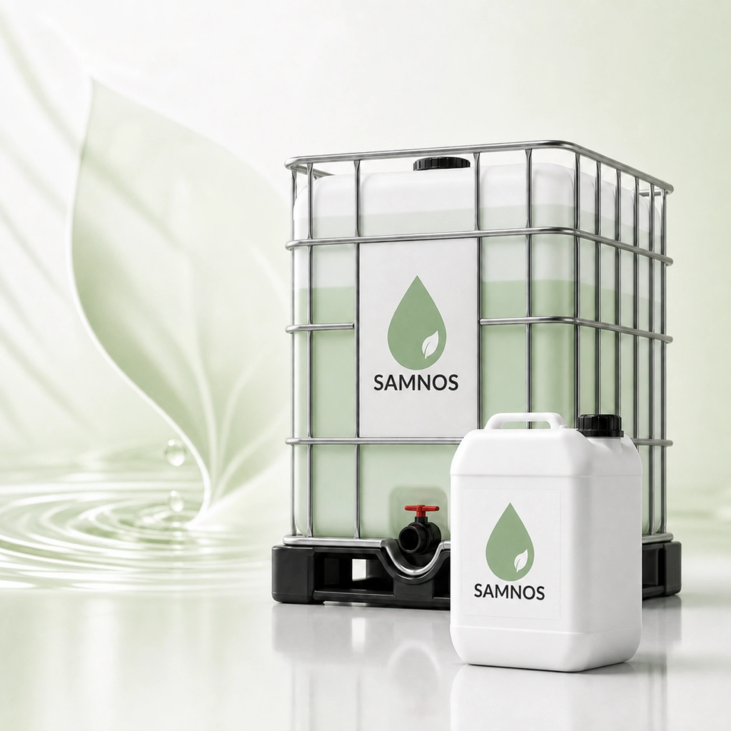 SAMNOS IBC-Container und Kanister mit Logo vor grünem, wasserinspiriertem Hintergrund.