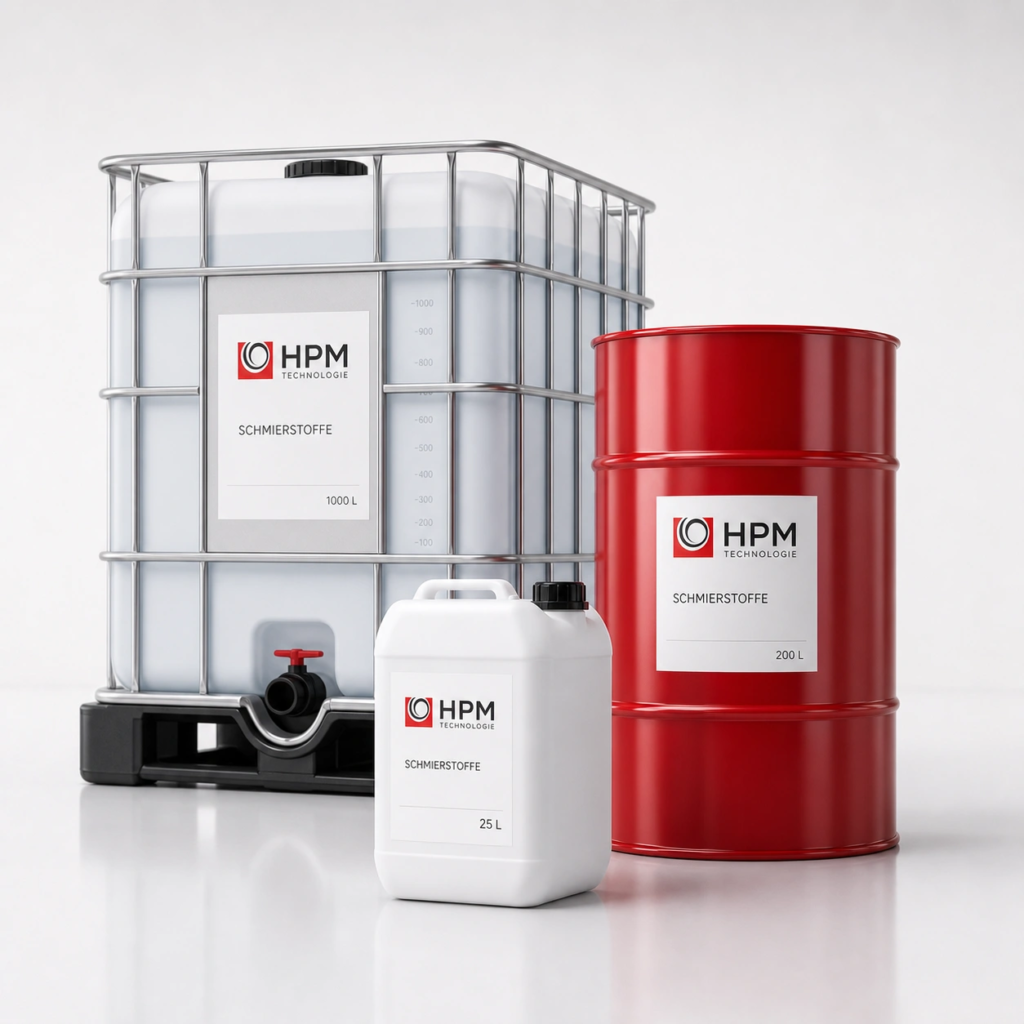 HPM Schmierstoffe als 25-Liter-Kanister, 200-Liter-Fass und 1000-Liter-IBC-Container